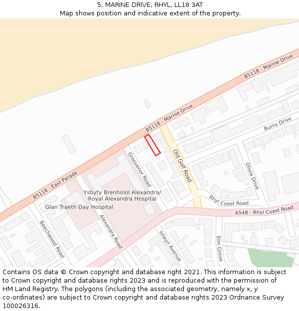 5, MARINE DRIVE, RHYL, LL18 3AT: Location map and indicative extent of plot