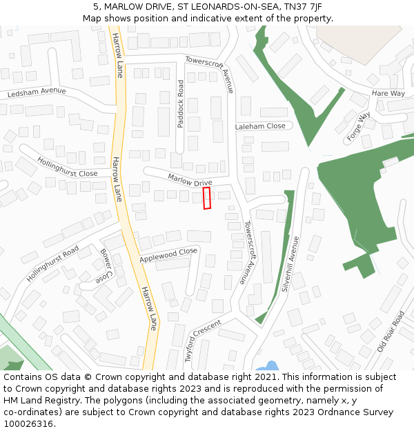 5, MARLOW DRIVE, ST LEONARDS-ON-SEA, TN37 7JF: Location map and indicative extent of plot