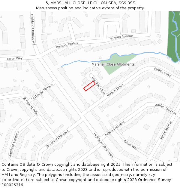 5, MARSHALL CLOSE, LEIGH-ON-SEA, SS9 3SS: Location map and indicative extent of plot