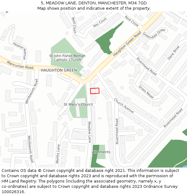 5, MEADOW LANE, DENTON, MANCHESTER, M34 7GD: Location map and indicative extent of plot