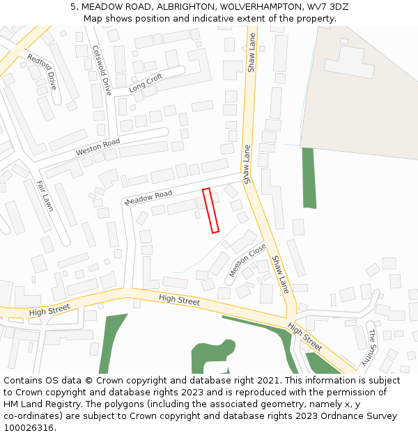 5, MEADOW ROAD, ALBRIGHTON, WOLVERHAMPTON, WV7 3DZ: Location map and indicative extent of plot