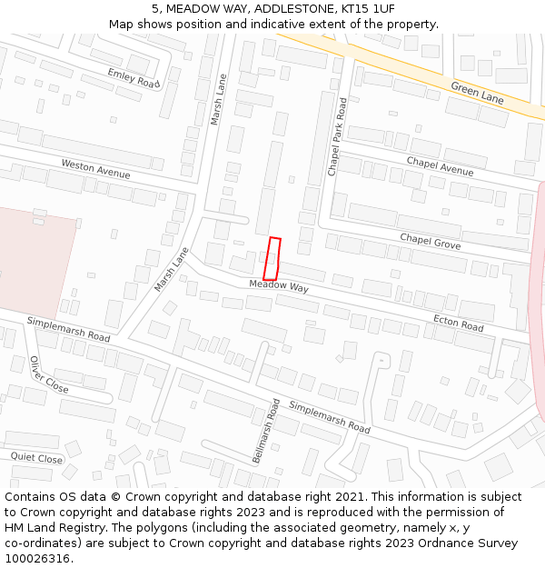 5, MEADOW WAY, ADDLESTONE, KT15 1UF: Location map and indicative extent of plot