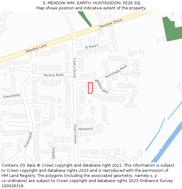 5, MEADOW WAY, EARITH, HUNTINGDON, PE28 3QJ: Location map and indicative extent of plot