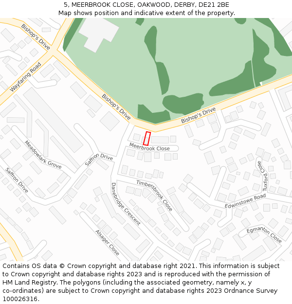 5, MEERBROOK CLOSE, OAKWOOD, DERBY, DE21 2BE: Location map and indicative extent of plot