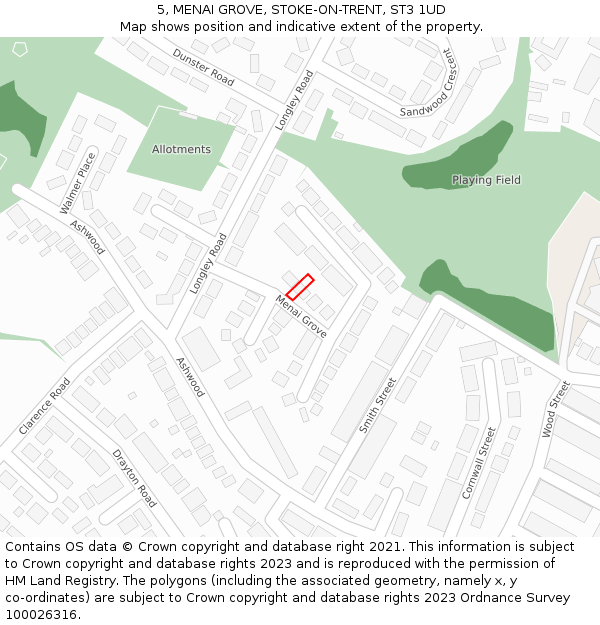 5, MENAI GROVE, STOKE-ON-TRENT, ST3 1UD: Location map and indicative extent of plot