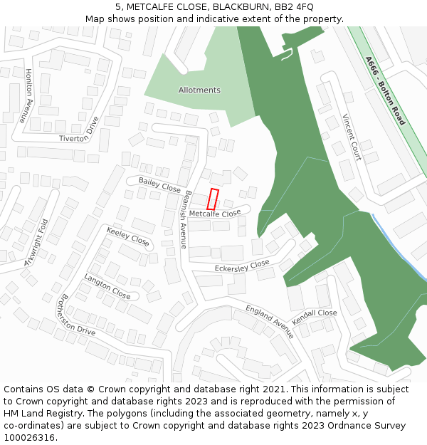 5, METCALFE CLOSE, BLACKBURN, BB2 4FQ: Location map and indicative extent of plot