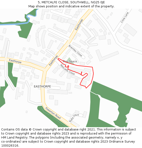 5, METCALFE CLOSE, SOUTHWELL, NG25 0JE: Location map and indicative extent of plot