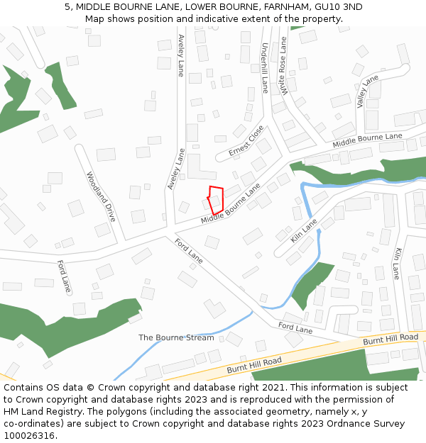 5, MIDDLE BOURNE LANE, LOWER BOURNE, FARNHAM, GU10 3ND: Location map and indicative extent of plot