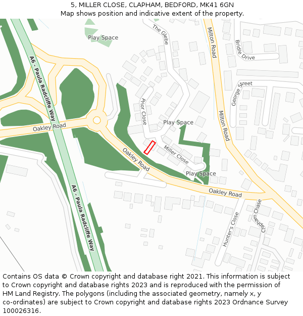 5, MILLER CLOSE, CLAPHAM, BEDFORD, MK41 6GN: Location map and indicative extent of plot