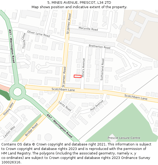 5, MINES AVENUE, PRESCOT, L34 2TD: Location map and indicative extent of plot