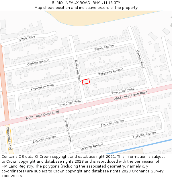 5, MOLINEAUX ROAD, RHYL, LL18 3TY: Location map and indicative extent of plot