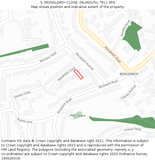 5, MONGLEATH CLOSE, FALMOUTH, TR11 4PS: Location map and indicative extent of plot