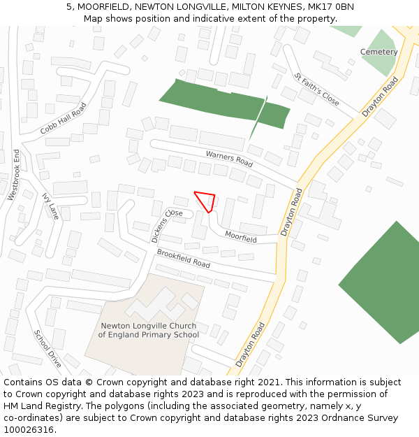 5, MOORFIELD, NEWTON LONGVILLE, MILTON KEYNES, MK17 0BN: Location map and indicative extent of plot