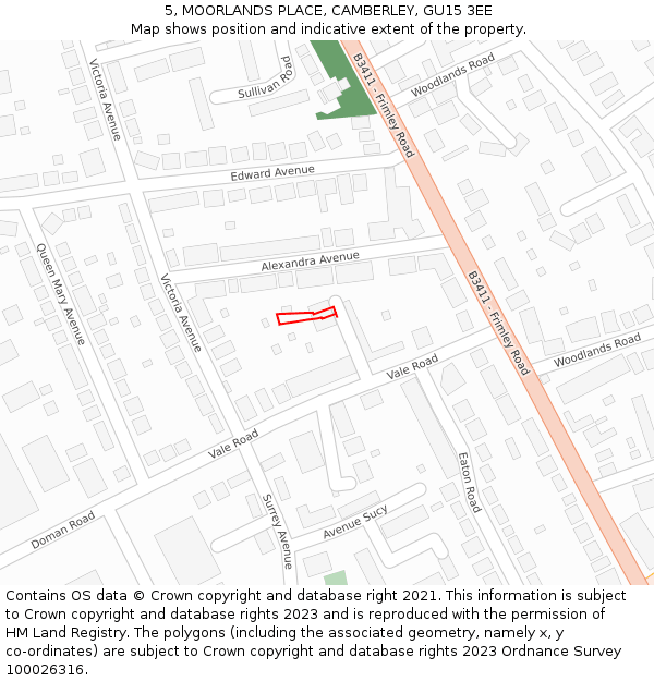 5, MOORLANDS PLACE, CAMBERLEY, GU15 3EE: Location map and indicative extent of plot