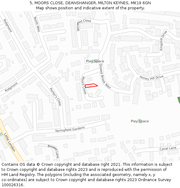 5, MOORS CLOSE, DEANSHANGER, MILTON KEYNES, MK19 6GN: Location map and indicative extent of plot