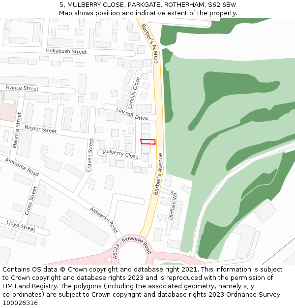 5, MULBERRY CLOSE, PARKGATE, ROTHERHAM, S62 6BW: Location map and indicative extent of plot