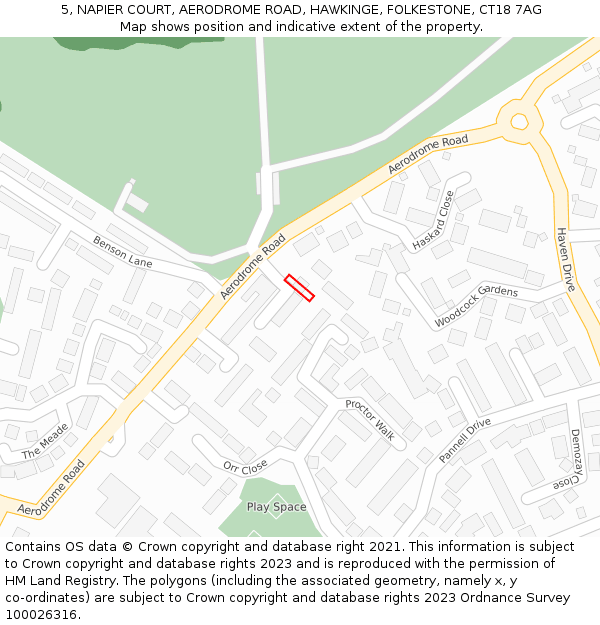 5, NAPIER COURT, AERODROME ROAD, HAWKINGE, FOLKESTONE, CT18 7AG: Location map and indicative extent of plot