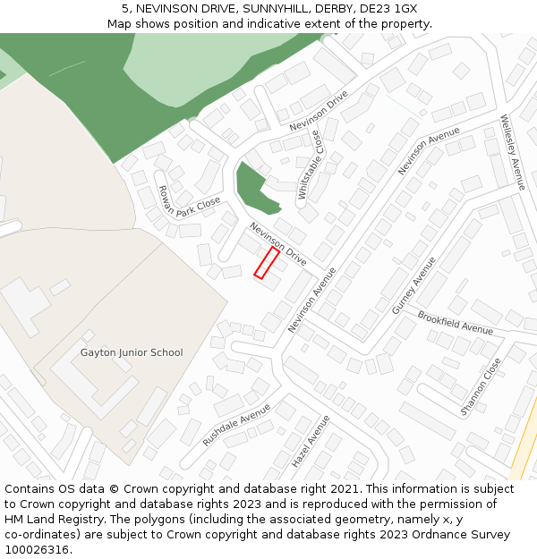 5, NEVINSON DRIVE, SUNNYHILL, DERBY, DE23 1GX: Location map and indicative extent of plot