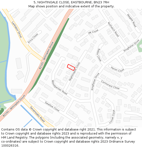 5, NIGHTINGALE CLOSE, EASTBOURNE, BN23 7RH: Location map and indicative extent of plot