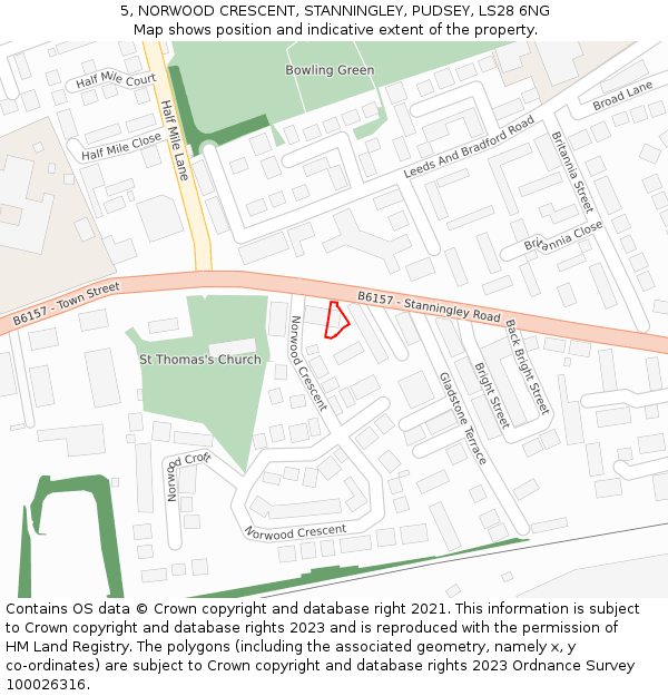 5, NORWOOD CRESCENT, STANNINGLEY, PUDSEY, LS28 6NG: Location map and indicative extent of plot