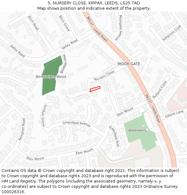 5, NURSERY CLOSE, KIPPAX, LEEDS, LS25 7AD: Location map and indicative extent of plot