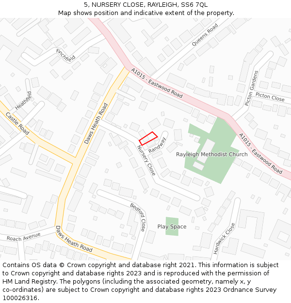 5, NURSERY CLOSE, RAYLEIGH, SS6 7QL: Location map and indicative extent of plot