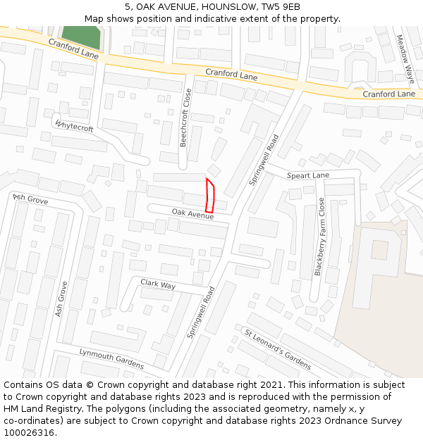 5, OAK AVENUE, HOUNSLOW, TW5 9EB: Location map and indicative extent of plot