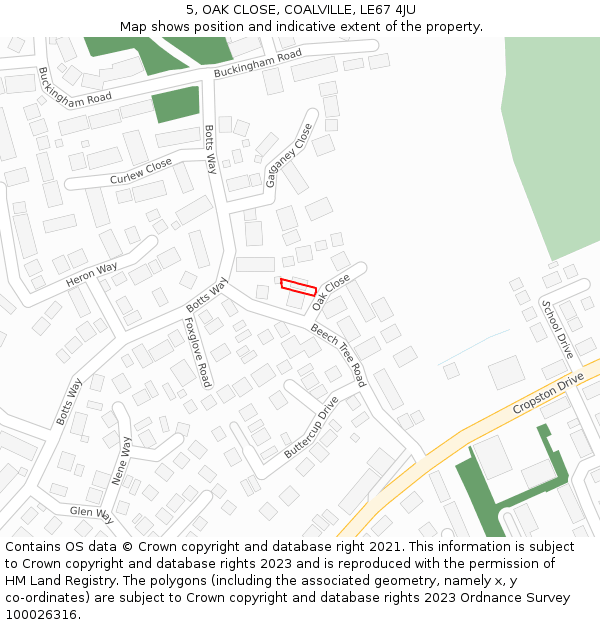 5, OAK CLOSE, COALVILLE, LE67 4JU: Location map and indicative extent of plot