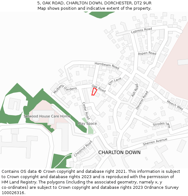 5, OAK ROAD, CHARLTON DOWN, DORCHESTER, DT2 9UR: Location map and indicative extent of plot