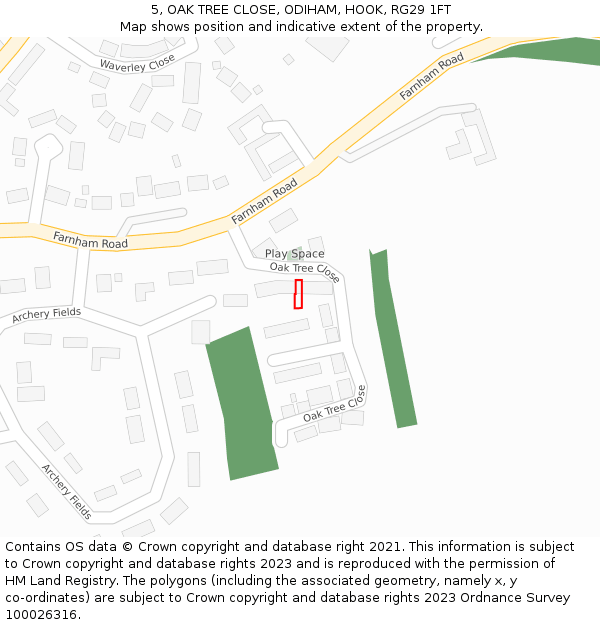 5, OAK TREE CLOSE, ODIHAM, HOOK, RG29 1FT: Location map and indicative extent of plot