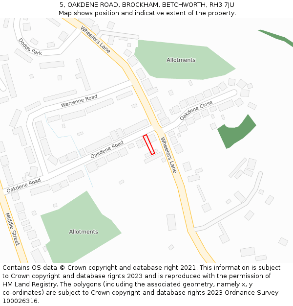 5, OAKDENE ROAD, BROCKHAM, BETCHWORTH, RH3 7JU: Location map and indicative extent of plot