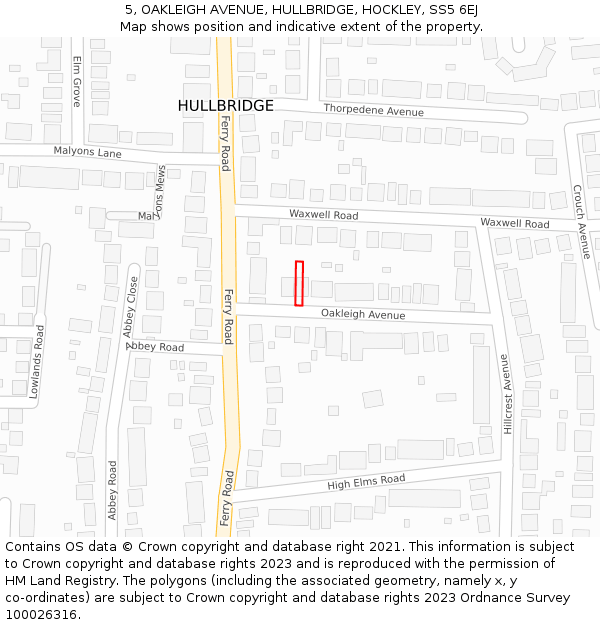 5, OAKLEIGH AVENUE, HULLBRIDGE, HOCKLEY, SS5 6EJ: Location map and indicative extent of plot