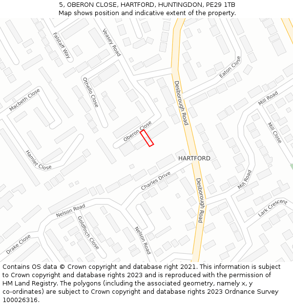 5, OBERON CLOSE, HARTFORD, HUNTINGDON, PE29 1TB: Location map and indicative extent of plot