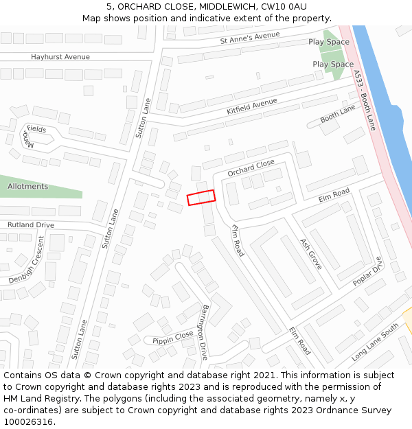 5, ORCHARD CLOSE, MIDDLEWICH, CW10 0AU: Location map and indicative extent of plot