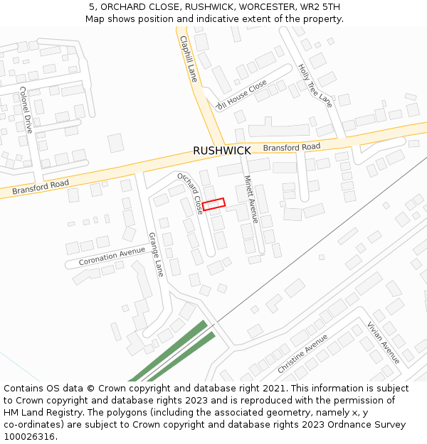 5, ORCHARD CLOSE, RUSHWICK, WORCESTER, WR2 5TH: Location map and indicative extent of plot