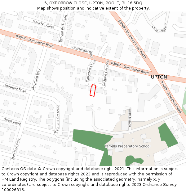 5, OXBORROW CLOSE, UPTON, POOLE, BH16 5DQ: Location map and indicative extent of plot