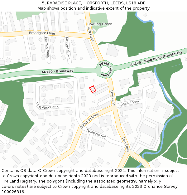 5, PARADISE PLACE, HORSFORTH, LEEDS, LS18 4DE: Location map and indicative extent of plot