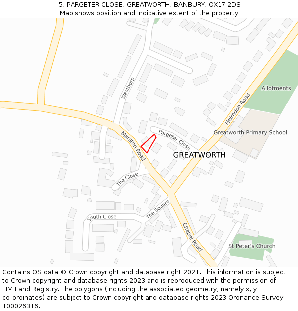 5, PARGETER CLOSE, GREATWORTH, BANBURY, OX17 2DS: Location map and indicative extent of plot