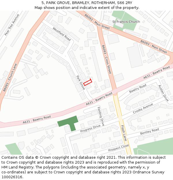5, PARK GROVE, BRAMLEY, ROTHERHAM, S66 2RY: Location map and indicative extent of plot