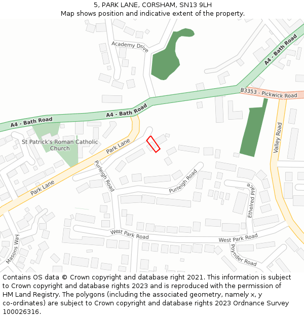 5, PARK LANE, CORSHAM, SN13 9LH: Location map and indicative extent of plot