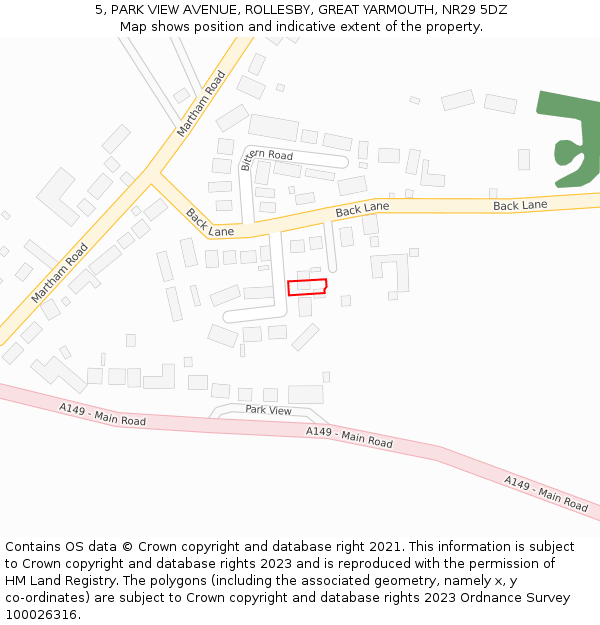 5, PARK VIEW AVENUE, ROLLESBY, GREAT YARMOUTH, NR29 5DZ: Location map and indicative extent of plot