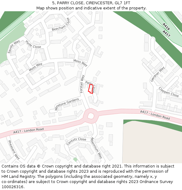 5, PARRY CLOSE, CIRENCESTER, GL7 1FT: Location map and indicative extent of plot