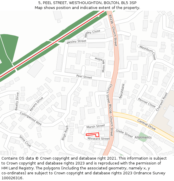 5, PEEL STREET, WESTHOUGHTON, BOLTON, BL5 3SP: Location map and indicative extent of plot