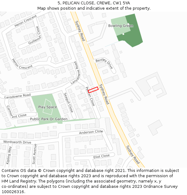 5, PELICAN CLOSE, CREWE, CW1 5YA: Location map and indicative extent of plot