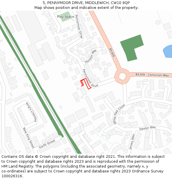 5, PENNYMOOR DRIVE, MIDDLEWICH, CW10 9QP: Location map and indicative extent of plot