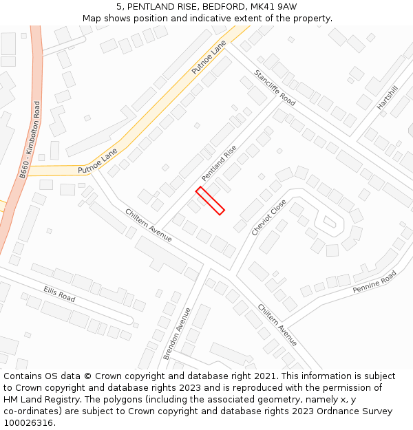 5, PENTLAND RISE, BEDFORD, MK41 9AW: Location map and indicative extent of plot