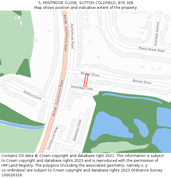 5, PENTRIDGE CLOSE, SUTTON COLDFIELD, B76 1EB: Location map and indicative extent of plot