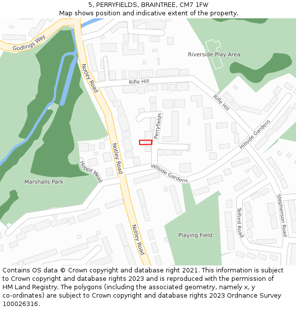 5, PERRYFIELDS, BRAINTREE, CM7 1FW: Location map and indicative extent of plot