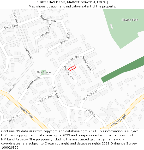 5, PEZENAS DRIVE, MARKET DRAYTON, TF9 3UJ: Location map and indicative extent of plot