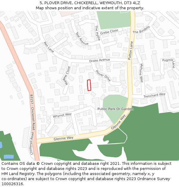 5, PLOVER DRIVE, CHICKERELL, WEYMOUTH, DT3 4LZ: Location map and indicative extent of plot